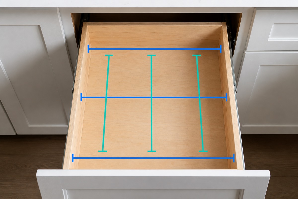 Open drawer showing three width checks and three depth checks.