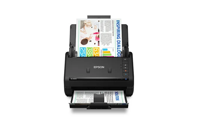 Epson WorkForce ES-400 II black duplex document scanner with input and output trays open.