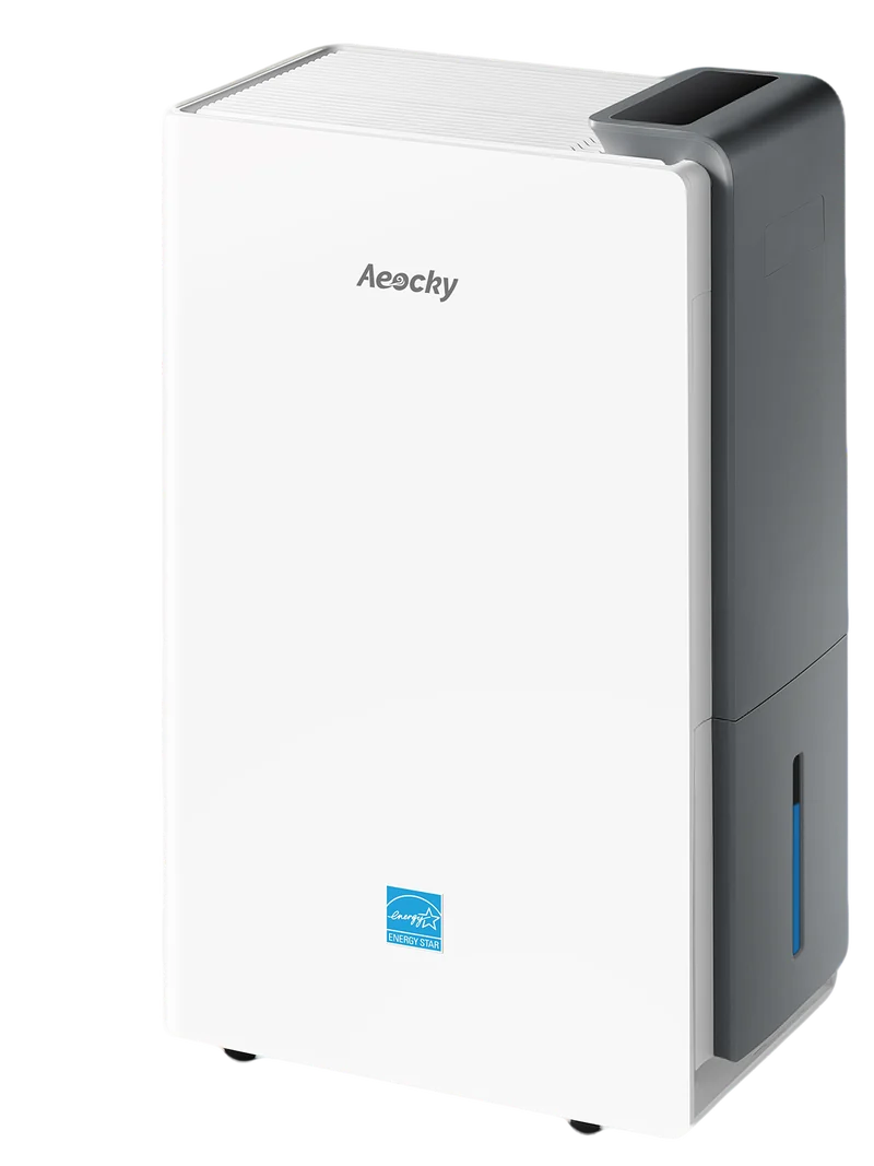 Exact white and dark gray AEOCKY Rhea-003 dehumidifier shown from the front-right in AEOCKY's official manufacturer rendering.